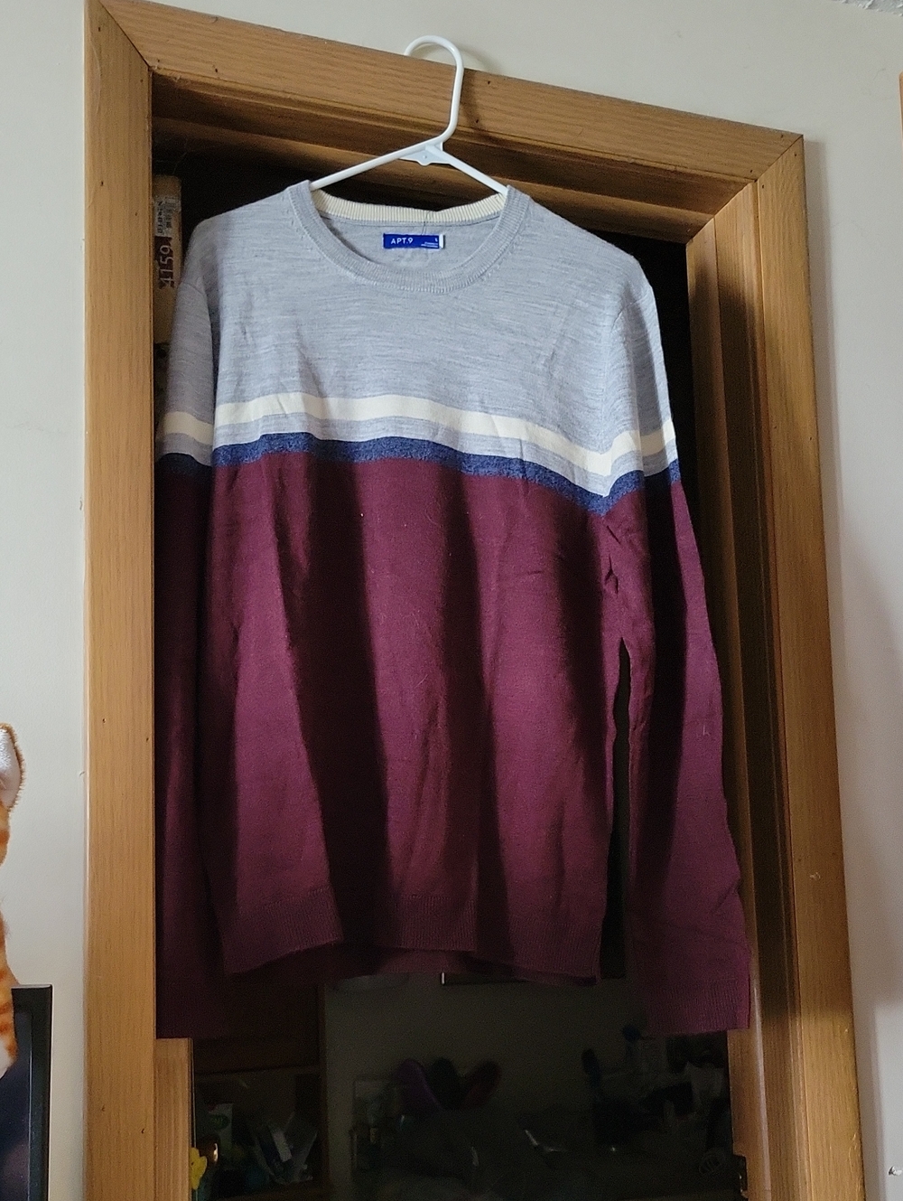 Apt. 9 Maroon and Light Gray Striped Crewneck Sweater